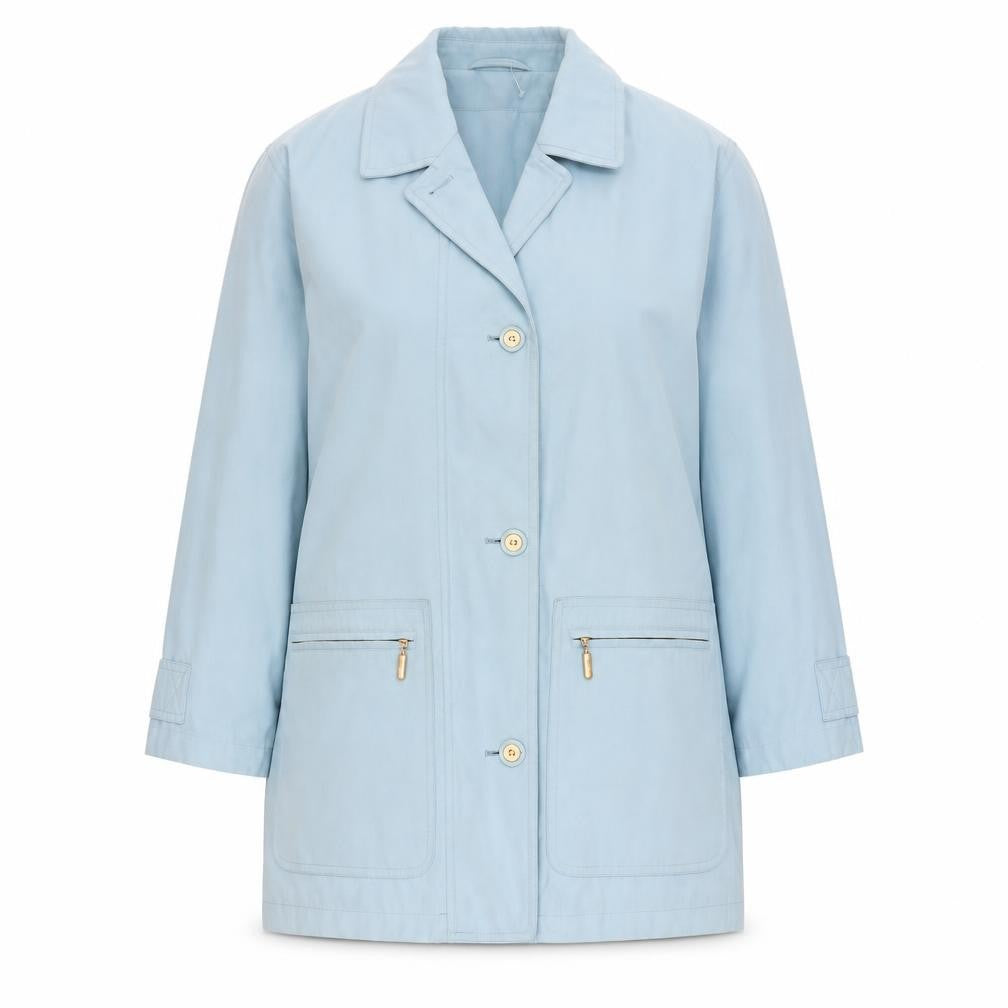 Front view of Preworn women’s blue jacket, size UK 8, button