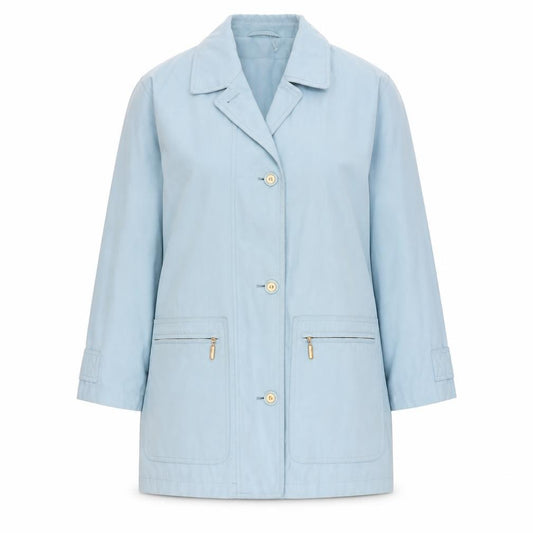 Front view of Preworn women’s blue jacket, size UK 8, button