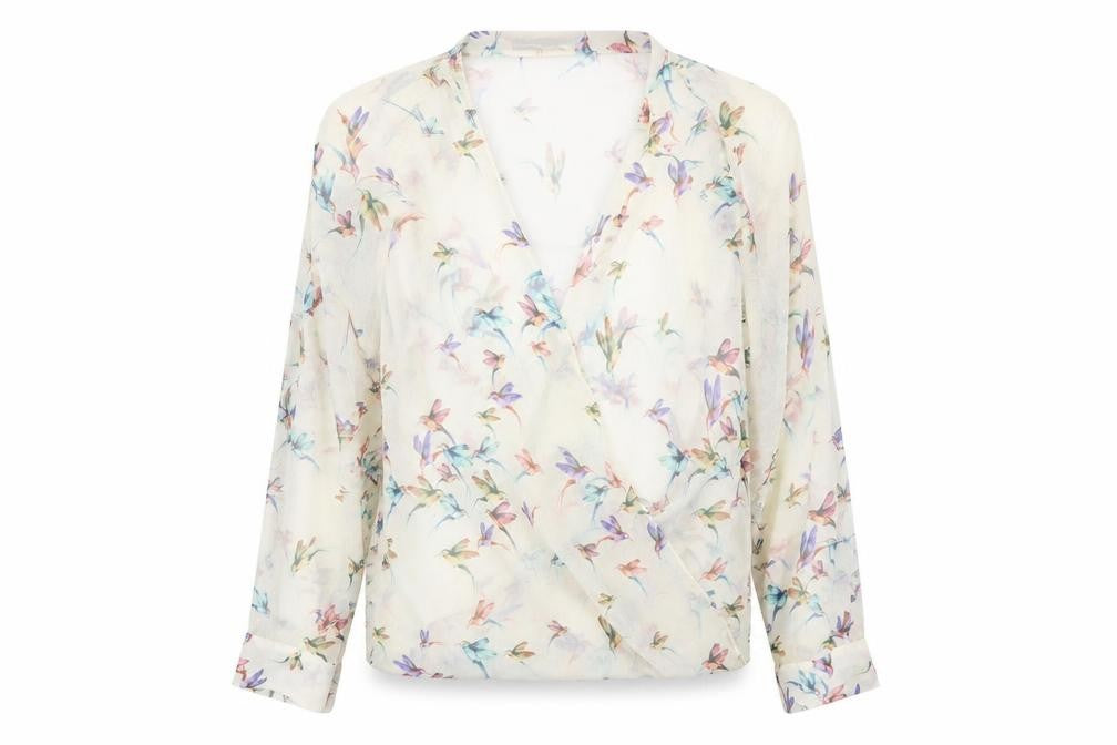 Front view of Trafaluc women’s beige geometric polyester basic blouse, size XS, v-neck