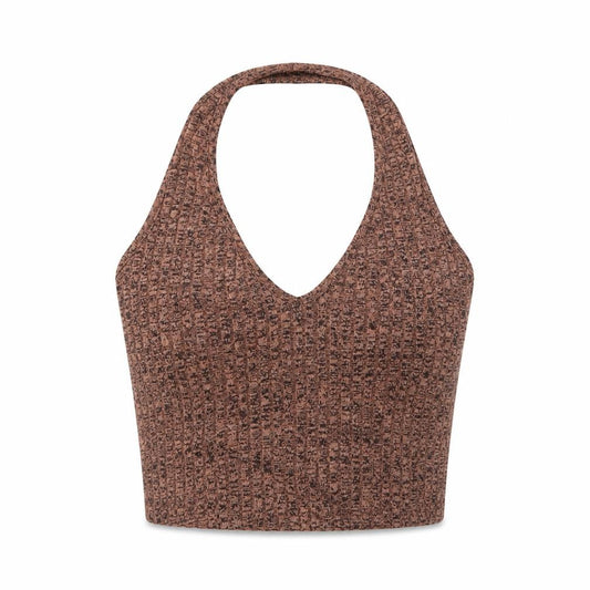Front view of Primark women’s beige polyester cropped tank, size UK 6, halter