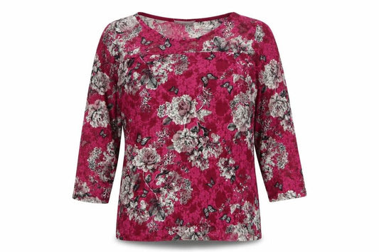 Front view of Paraphrase women’s purple floral nylon basic blouse, size UK 12, round neck
