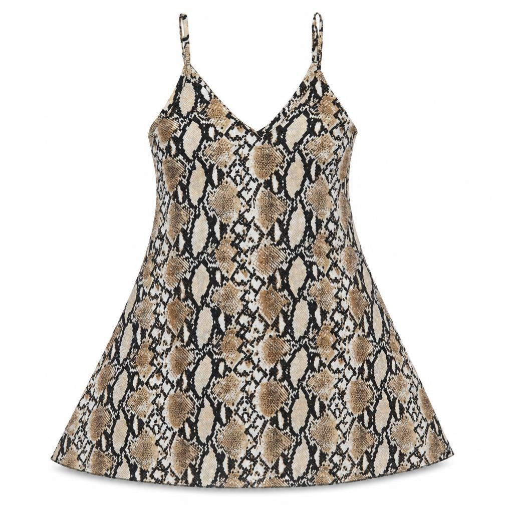 Front view of SHEIN women’s brown animal print polyester mini, size S, v-neck pullover - snake skin pattern