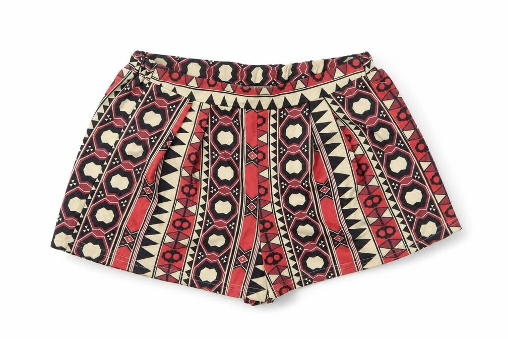 Front view of SHEIN women’s multicoloured geometric polyester hot pants shorts, size XS, 3-inch leg regular