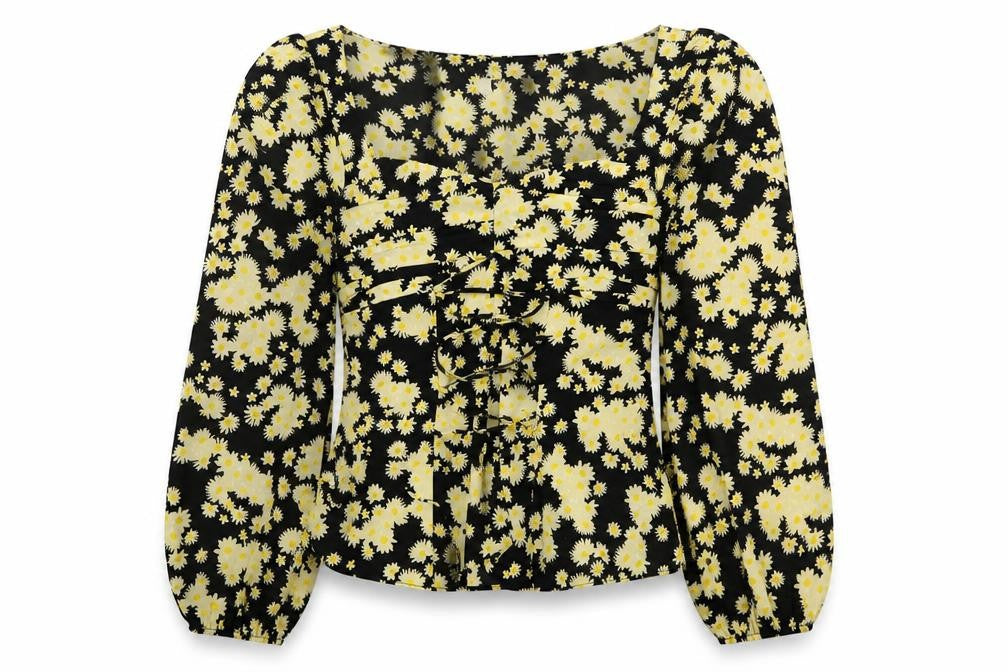 Front view of Topshop women’s yellow floral polyester basic blouse, size UK 10, square neck