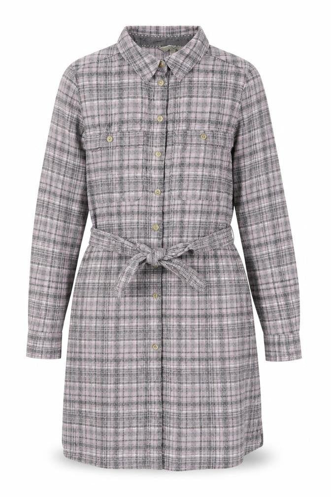 Front view of Next women’s grey plaid cotton shirt dress, size UK 10, collared button