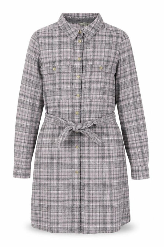 Front view of Next women’s grey plaid cotton shirt dress, size UK 10, collared button