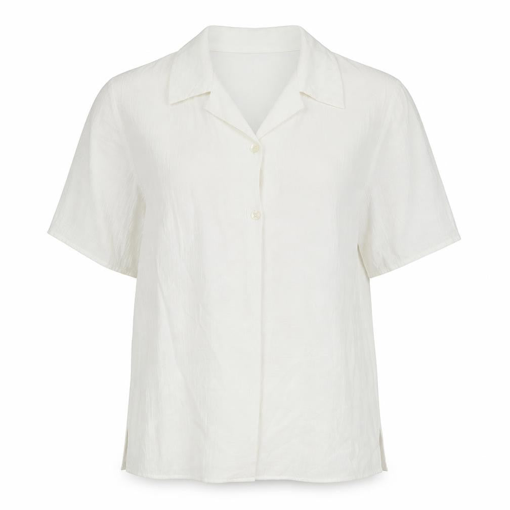 Front view of BHS women’s white polyester basic button-up, size UK 12, collared