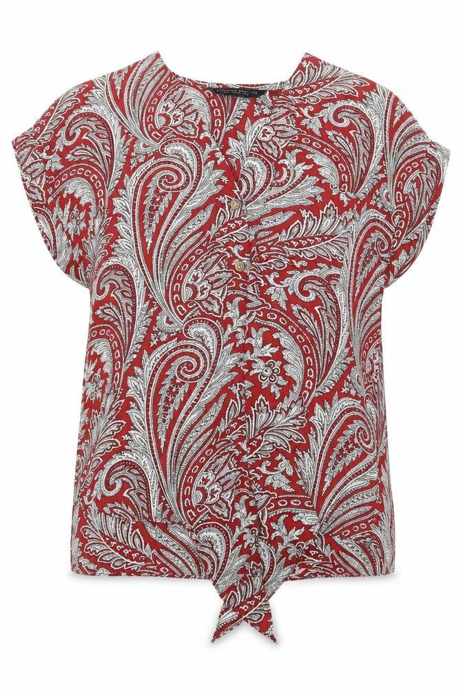 Front view of Dorothy Perkins women’s red paisley polyester basic blouse, size UK 8, v-neck - tie front