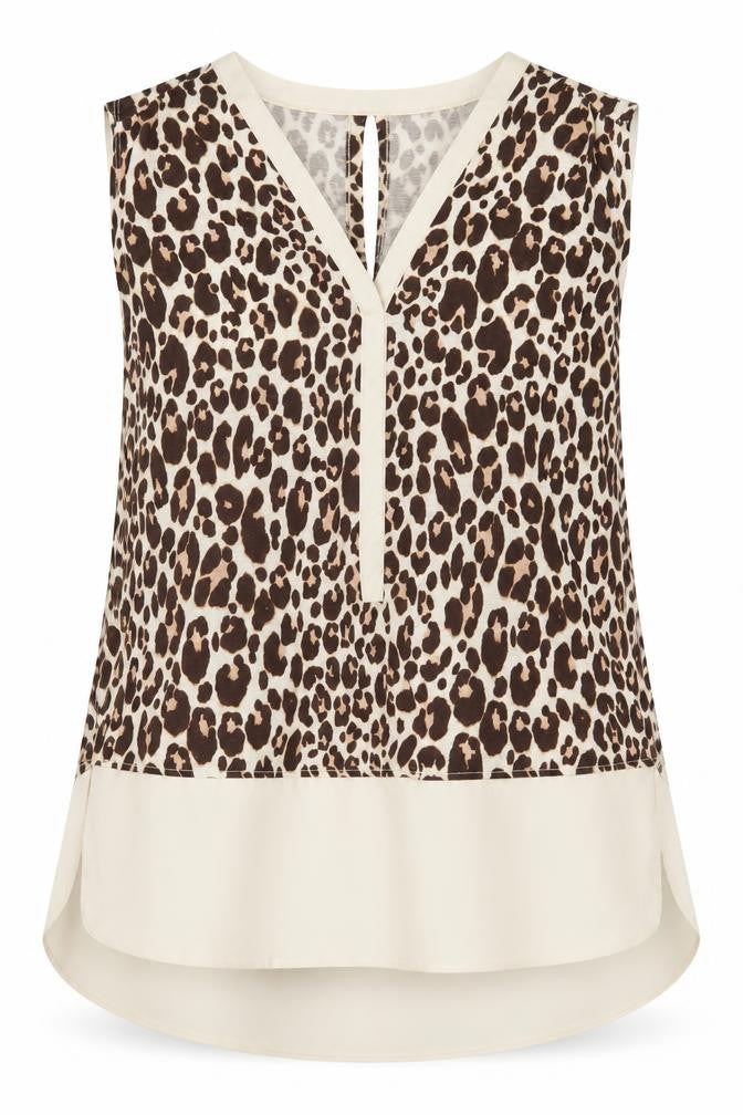 Front view of Next women’s beige animal print polyester basic blouse, size UK 8, v-neck - leopard print