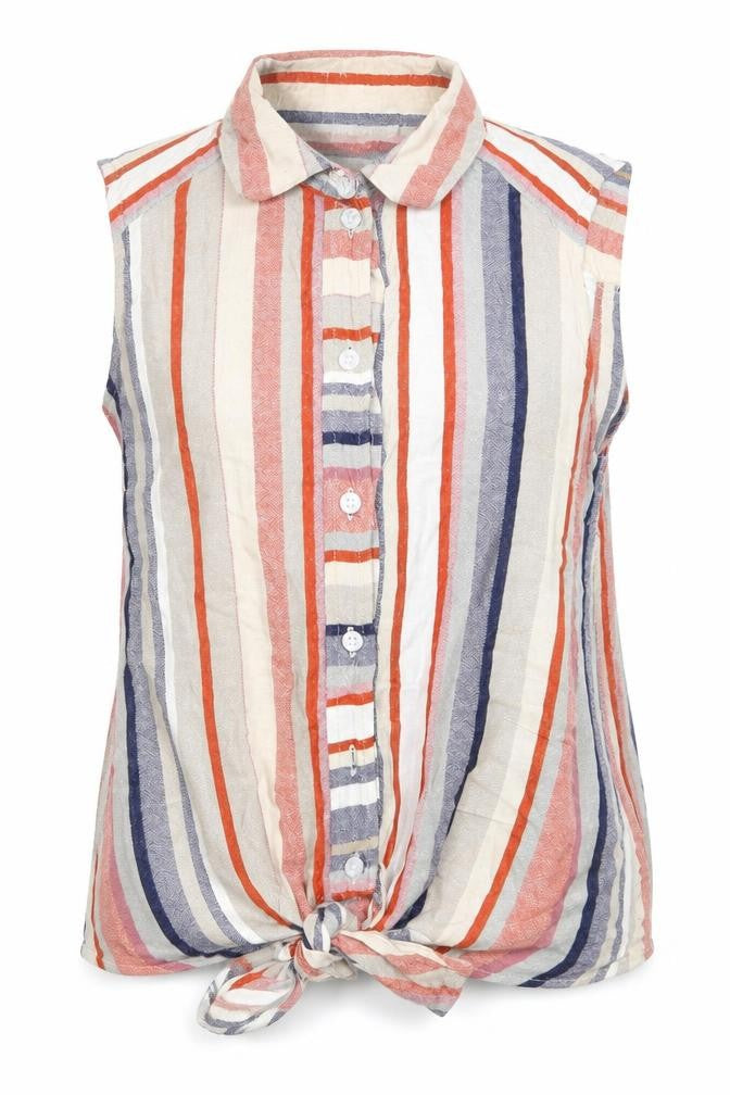 Front view of Warehouse women’s multicoloured striped polyester basic button-up, size UK 8, collared - tie front
