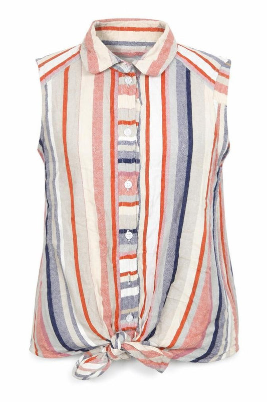 Front view of Warehouse women’s multicoloured striped polyester basic button-up, size UK 8, collared - tie front