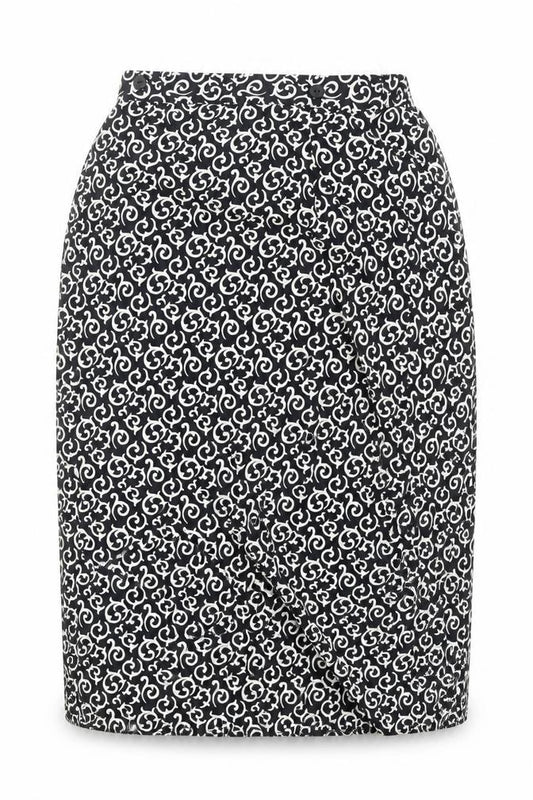Front view of Choices women’s black geometric polyester wrap skirt, size UK 10, button