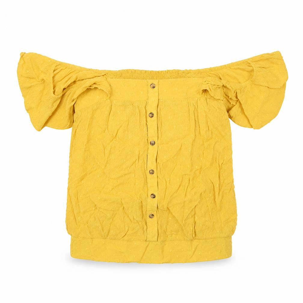 Front view of Oasis women’s yellow viscose basic blouse, size UK 8, off the shoulder