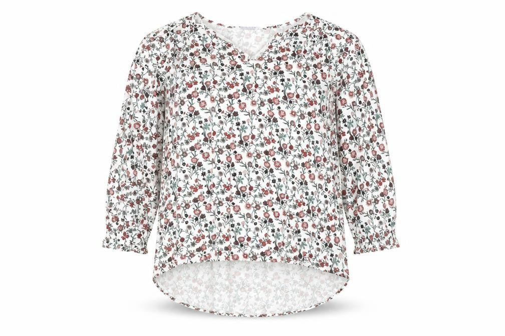 Front view of Gina women’s white floral viscose basic blouse, size UK 44, boat neck