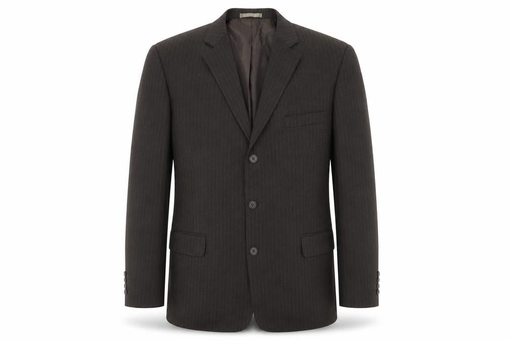 Front view of Taylor & Wright men’s brown striped polyester jacket suit jacket, size 46, - padded shoulders