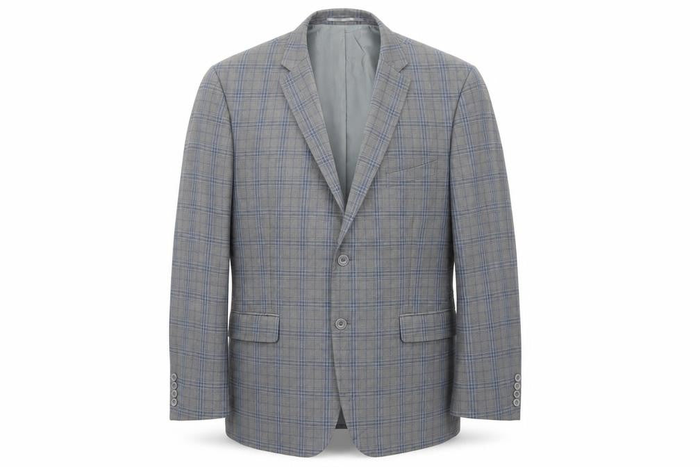 Front view of British Tailor men’s grey plaid polyester jacket suit jacket, size S