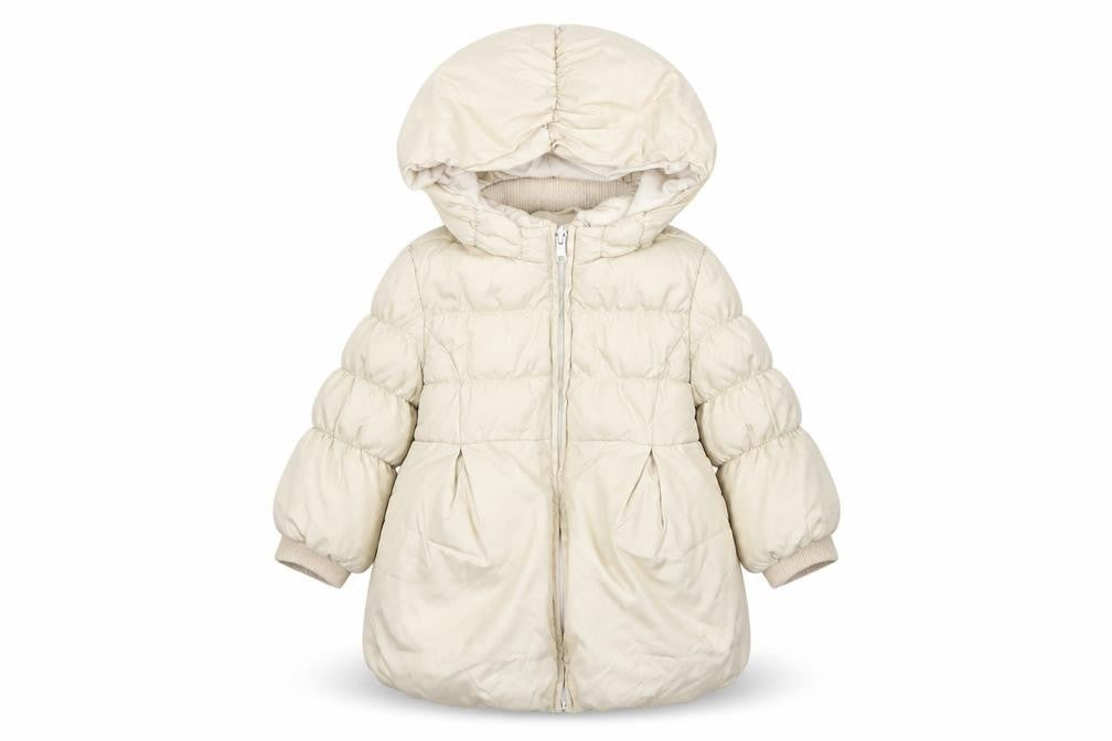 Front view of Gap girls’ ivory puffer jacket coat, size 2, years zip