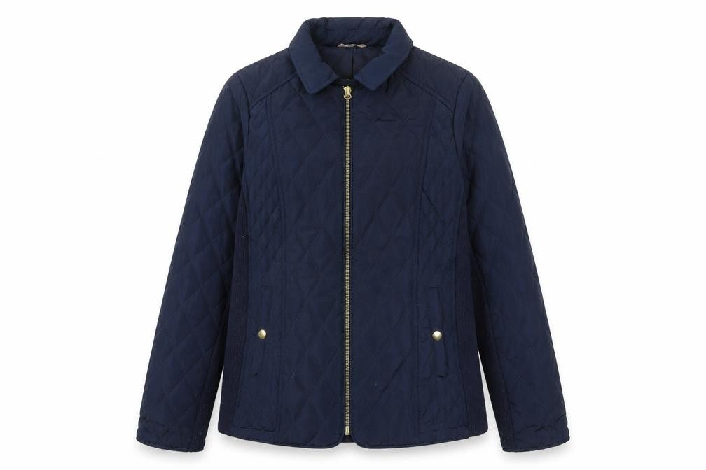 Front view of Avenue women’s blue quilted coat, size UK 12, zip