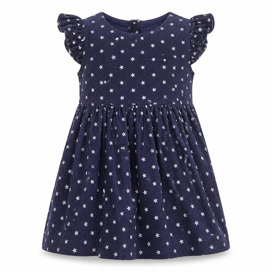 Front view of Very girls’ blue geometric cotton a-line, size 2-3, years crew neck button - star pattern