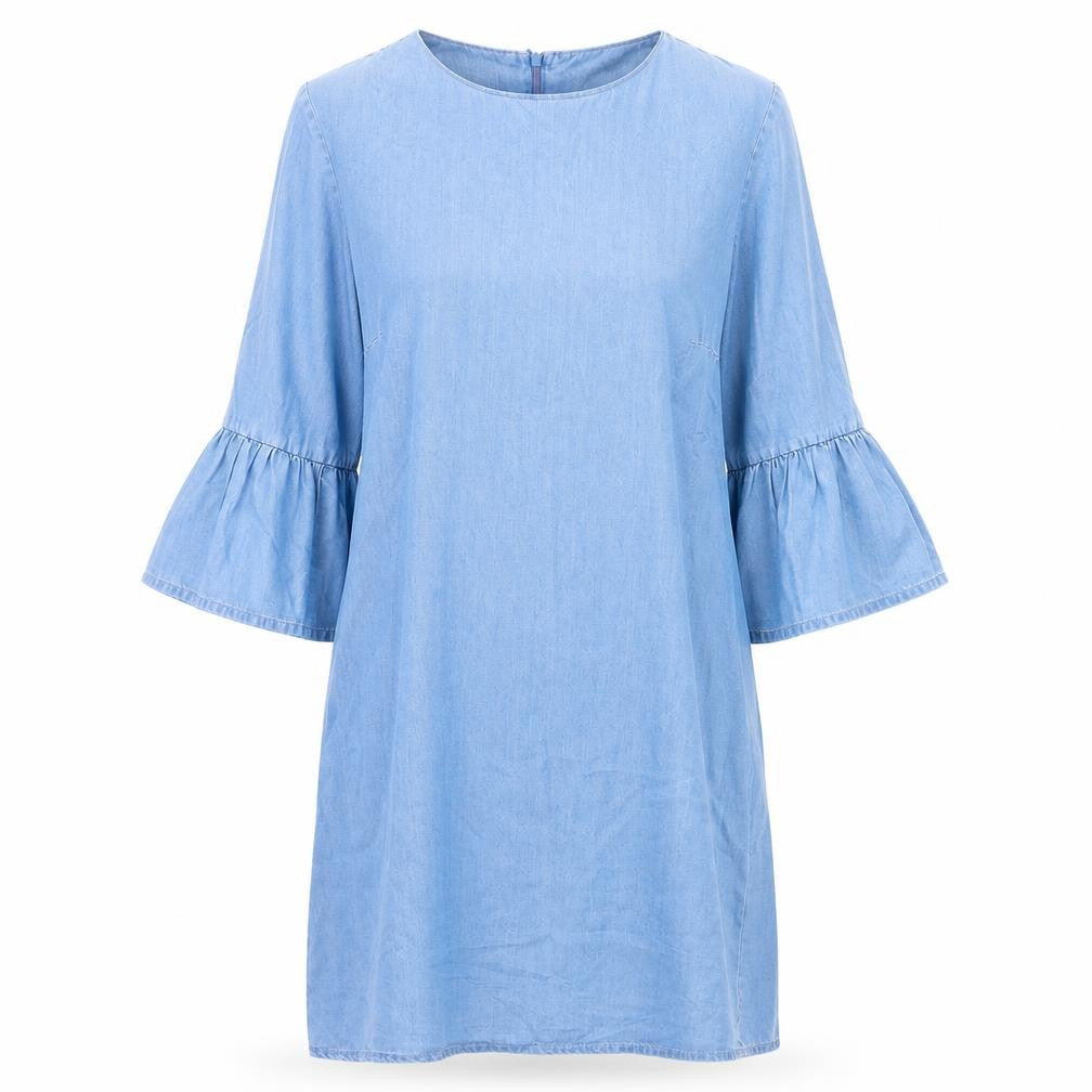 Front view of Zara women’s blue cotton shift, size S, round neck zip