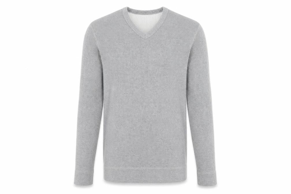 Front view of Burton men’s grey v-neck cotton jumper, size L