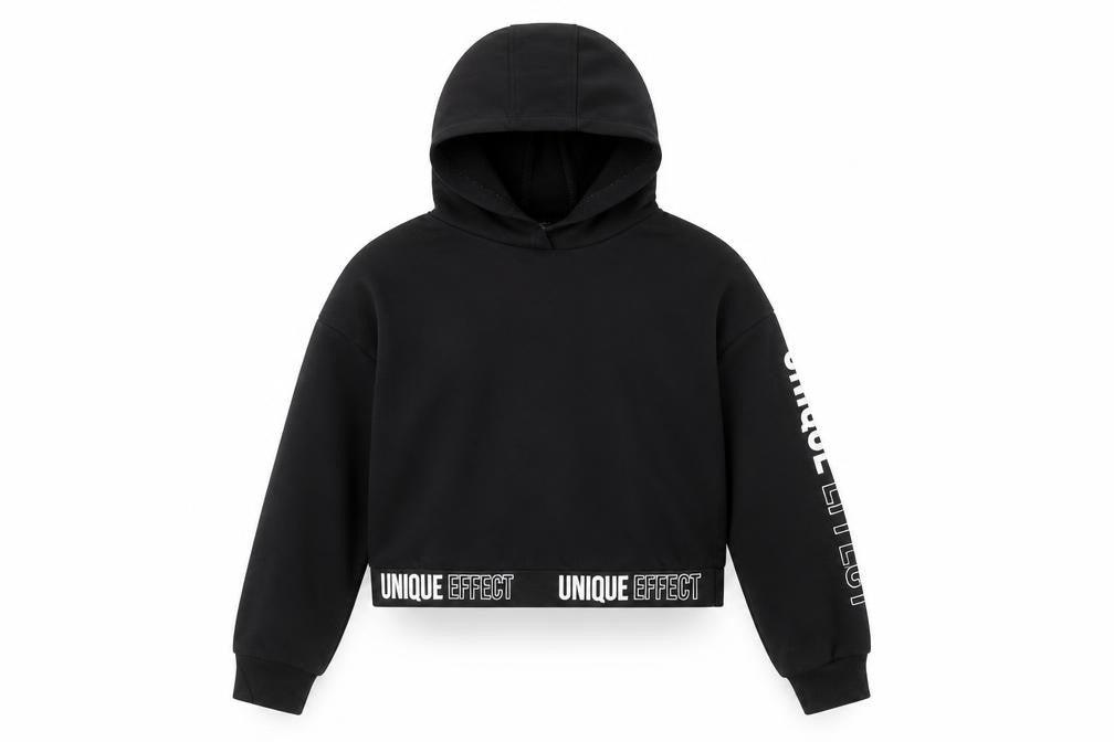 Front view of LC Waikiki girls’ black cotton pullover hoodie, size 11-12, years pullover - unique effect