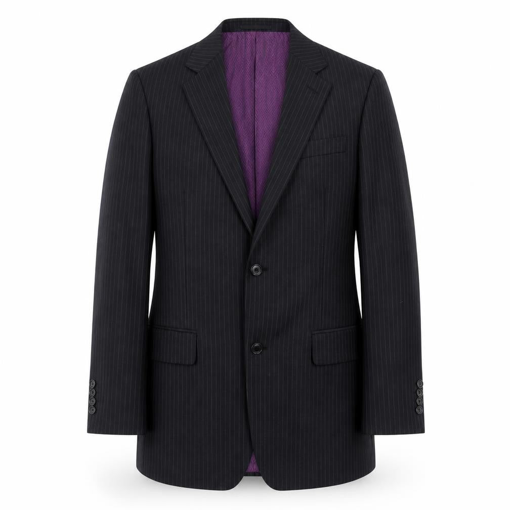 Front view of Racing Green men’s black striped wool jacket suit jacket, size 36