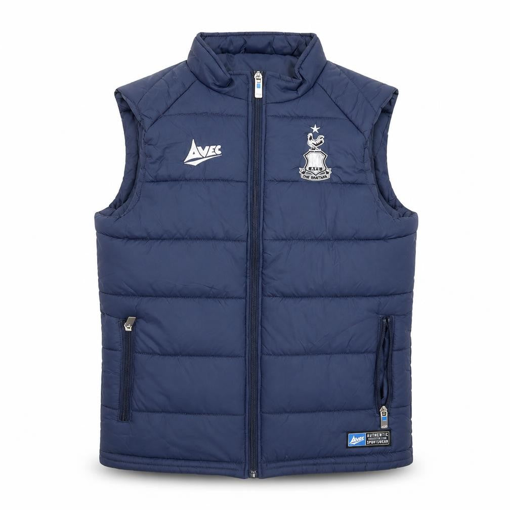 Front view of avec boys’ blue gilet jacket, size L, zip - the bantams