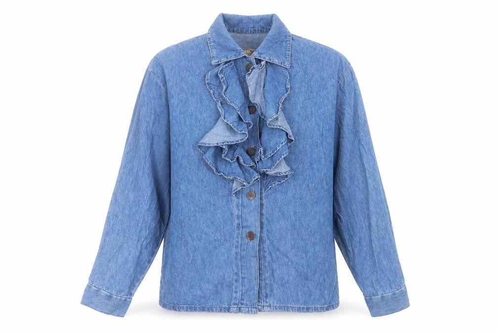 Front view of PASH U DENIM women’s blue cotton basic button-up, size S, collared