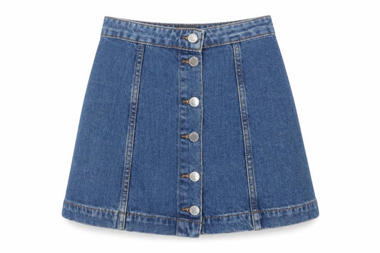 Front view of Topshop women’s blue cotton a-line skirt, size UK 6, button