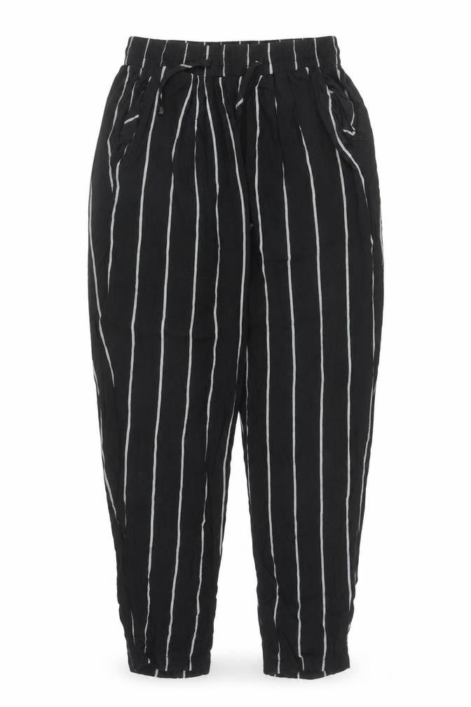 Front view of PRETTYLITTLETHING women’s black striped viscose harem trousers, size UK 6, 23-inch leg regular drawstring