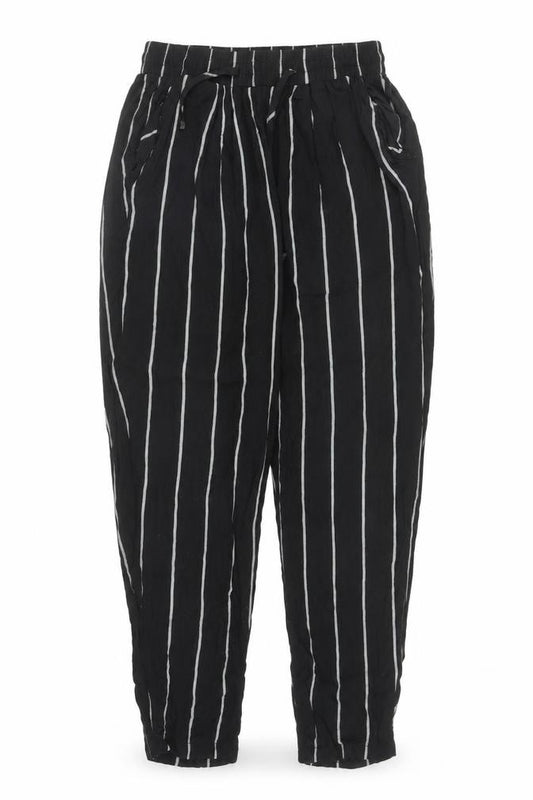 Front view of PRETTYLITTLETHING women’s black striped viscose harem trousers, size UK 6, 23-inch leg regular drawstring