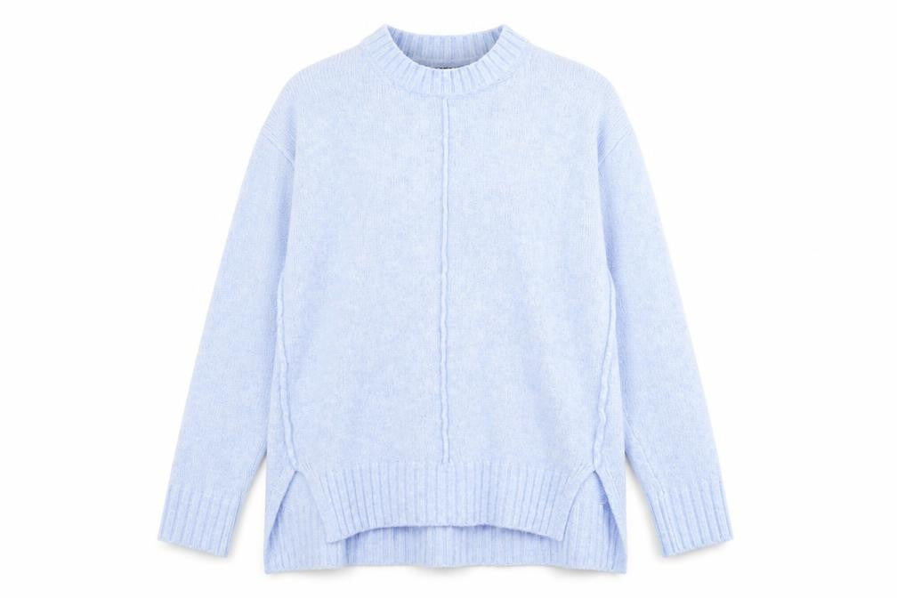 Front view of Marks & Spencer women’s blue mock neck acrylic jumper, size S