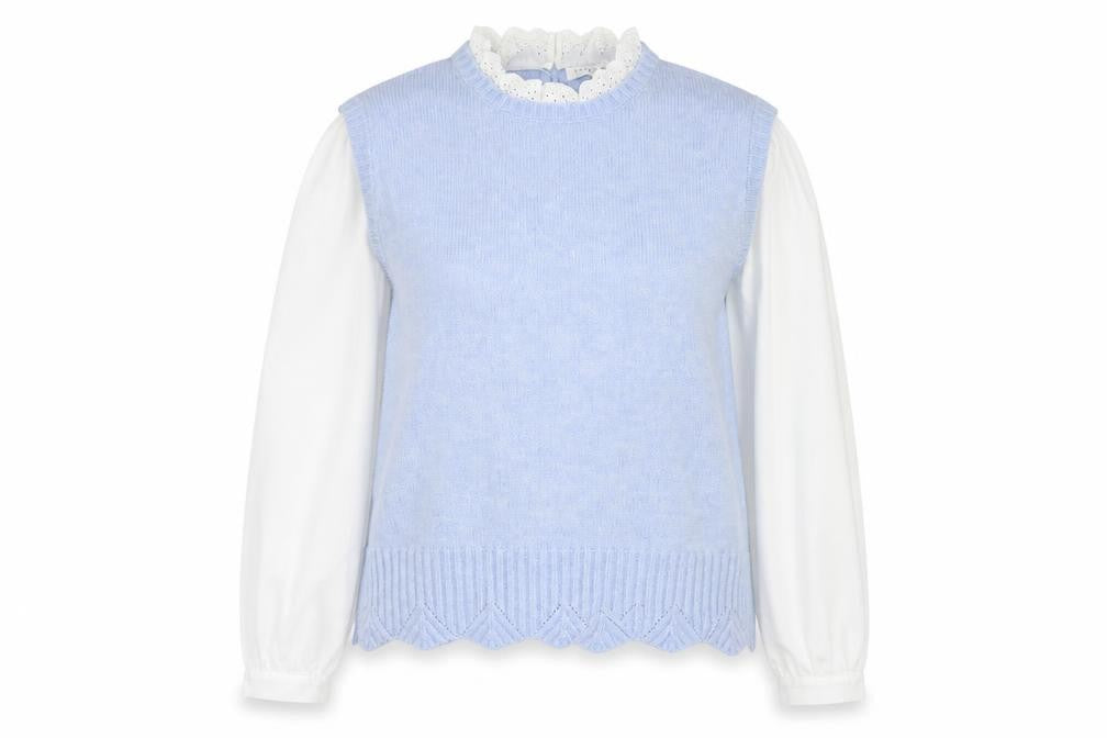 Front view of Papaya women’s blue mock neck acrylic jumper, size UK 14