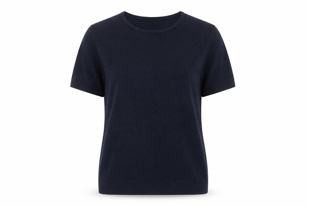 Front view of BHS women’s blue round neck acrylic jumper, size UK 12