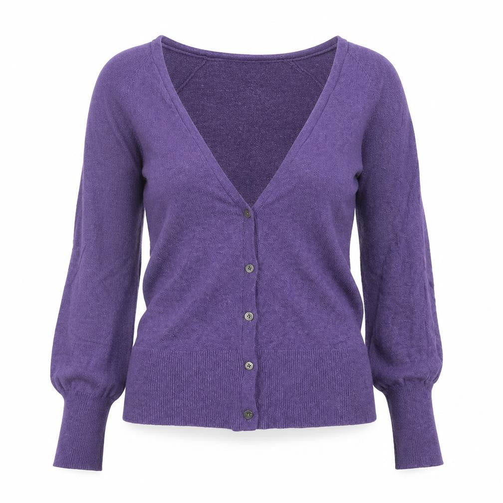 Front view of Mossimo women’s purple v-neck viscose cardigan jumper, size S