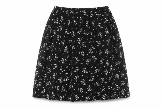 Front view of Preworn women’s black floral viscose swing skirt, size 2XL