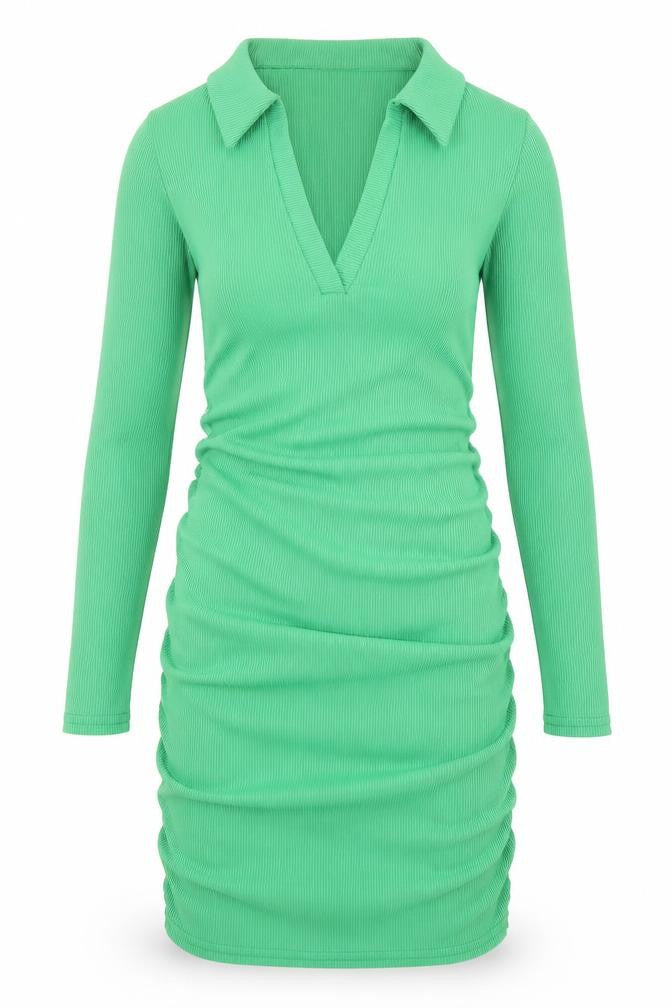 Front view of Me Me X women’s green polyester bodycon, size UK 8, collared pullover - ribbed