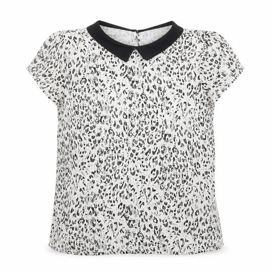 Front view of Atmosphere women’s white animal print viscose basic blouse, size UK 12, collared - leopard print