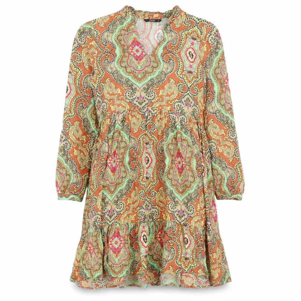 Front view of Only women’s multicoloured geometric viscose fit & flare, size UK 8, v-neck pullover