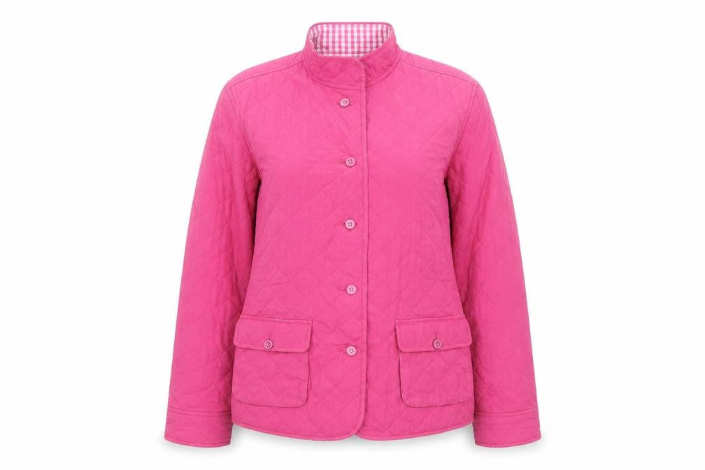 Front view of Lands' End women’s pink quilted jacket, size UK 6, button - uk, size UK 6-8