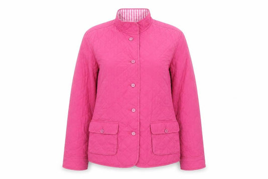 Front view of Lands' End women’s pink quilted jacket, size UK 6, button - uk, size UK 6-8