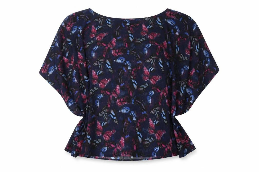 Front view of Next women’s blue geometric polyester basic blouse, size UK 10, round neck - butterfly pattern