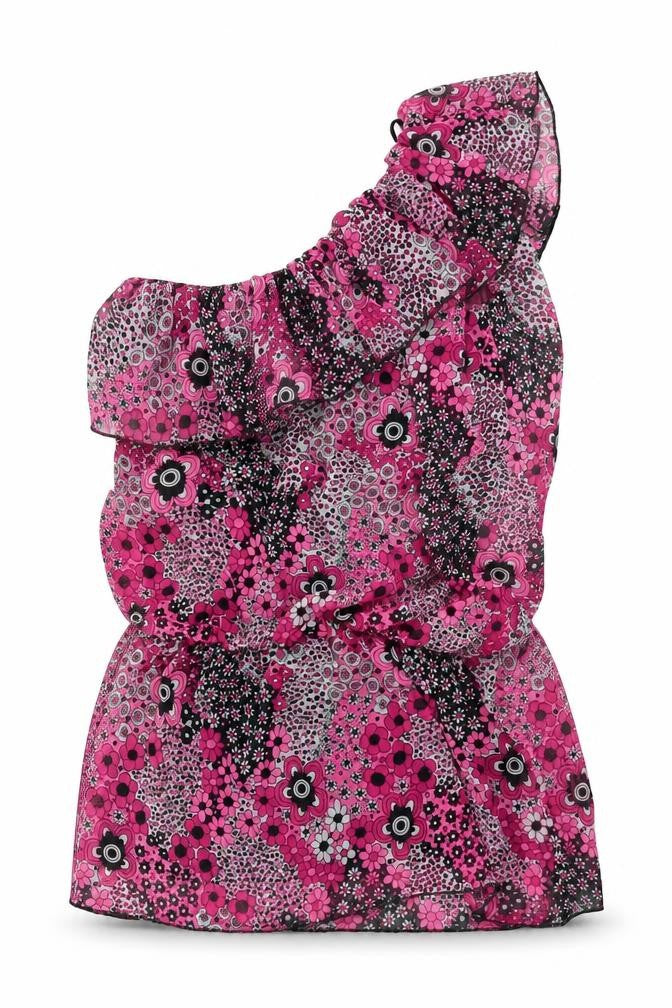 Front view of Preworn women’s multicoloured floral polyester basic blouse, size UK 10, one shoulder