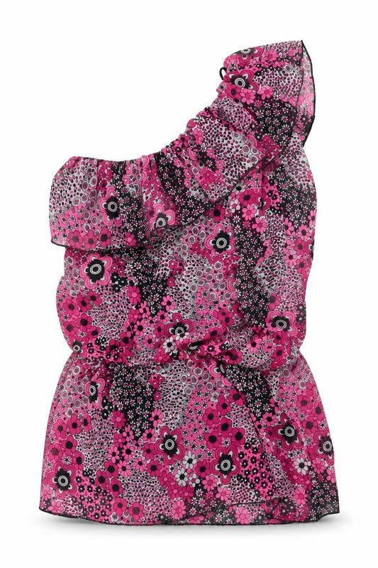 Front view of Preworn women’s multicoloured floral polyester basic blouse, size UK 10, one shoulder