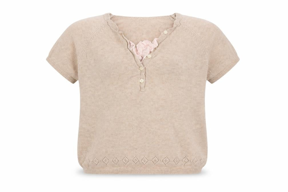 Front view of Jacodi girls’ beige v-neck cotton jumper, size 10, years pullover