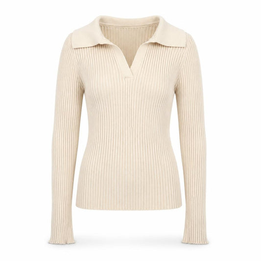 Front view of DAZY women’s beige collared polyester jumper, size M, - ribbed