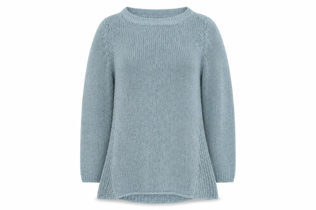 Front view of Marks & Spencer women’s blue round neck acrylic jumper, size UK 12