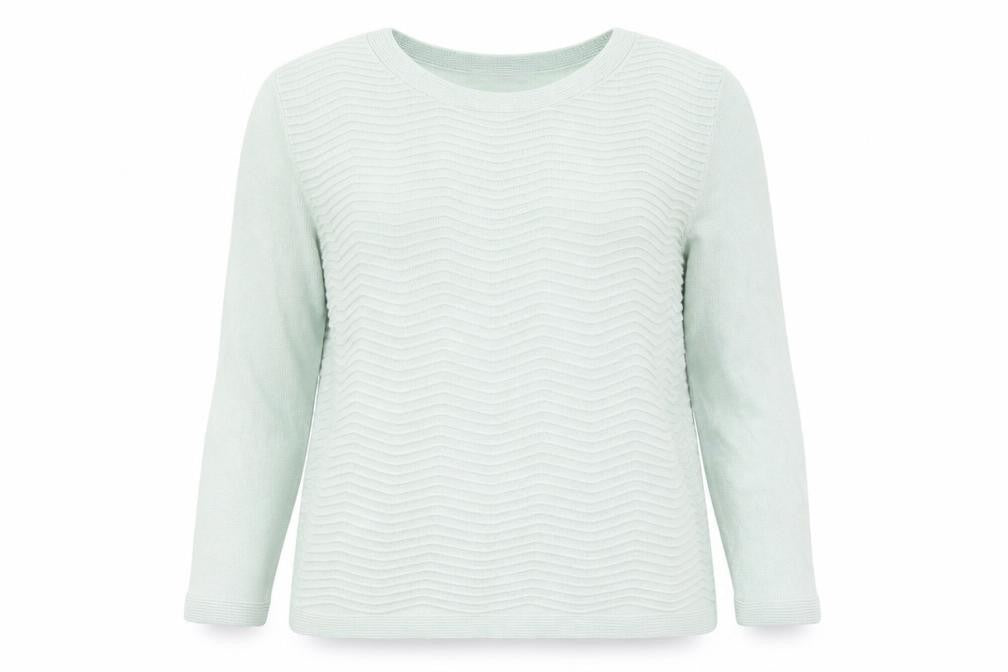 Front view of Marks & Spencer women’s green round neck acrylic jumper, size UK 14