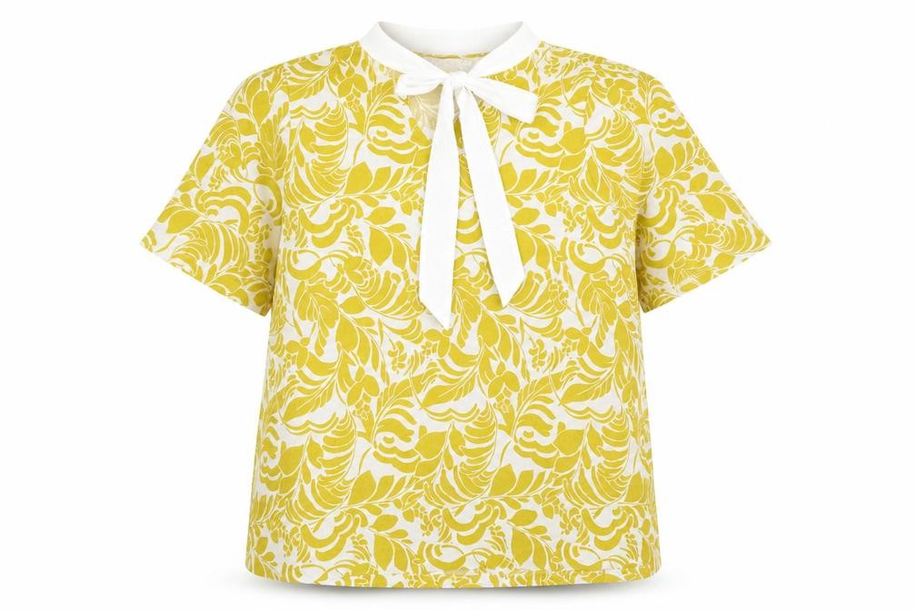 Front view of Marks & Spencer women’s yellow geometric viscose basic blouse, size UK 14, round neck